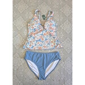 Eomenie Women Floral Tankini Set High Waisted Blue Two Piece Swimsuit Size XL